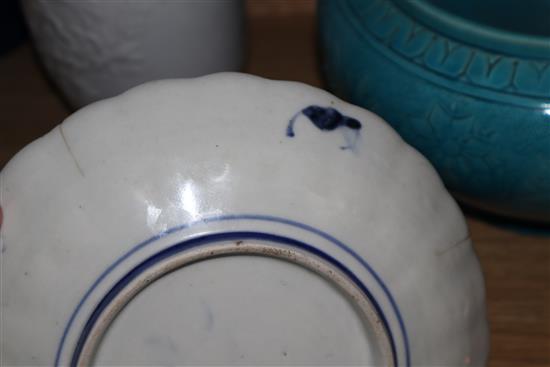 A quantity of mixed ceramics including a Burmantofts jardiniere, an Imari dish, etc.